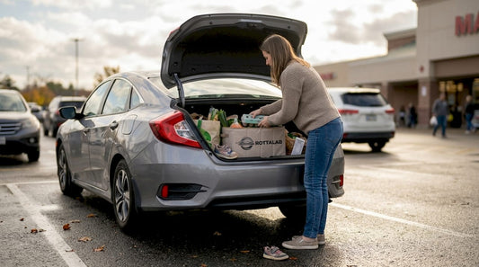 Driver using trunk organizer at grocery store