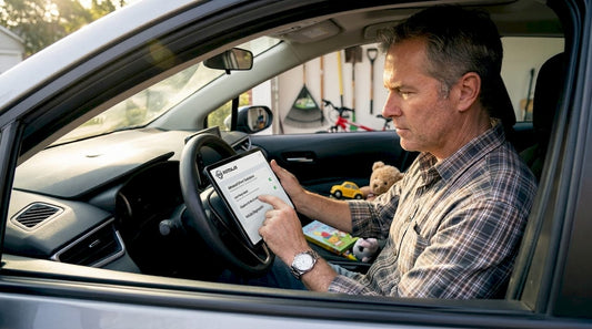 Driver checking safety tech in sedan