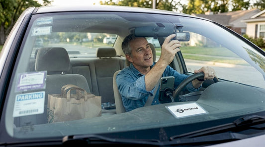 Driver using car safety gadgets in parked sedan