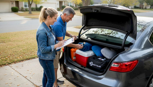 Couple loading road trip gear into sedan